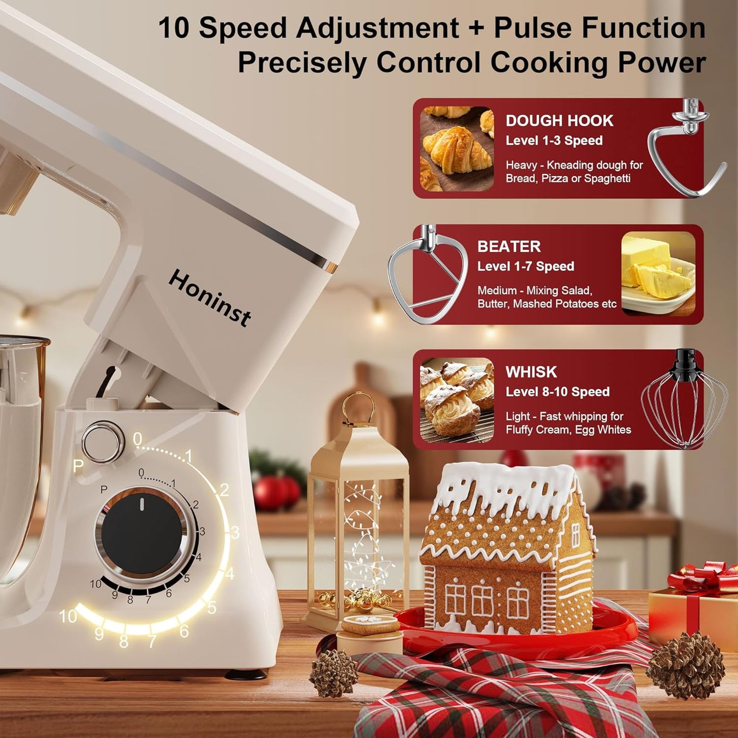 10-Speed Stand Mixer with 8-in-1 Splash Guard, Tilt-Head, 6QT Stainless Steel Bowl + Dishwasher-Safe Dough Hook/Whisk/Beater/Spatula for Baking Bread, Cakes, Cookies, Beige