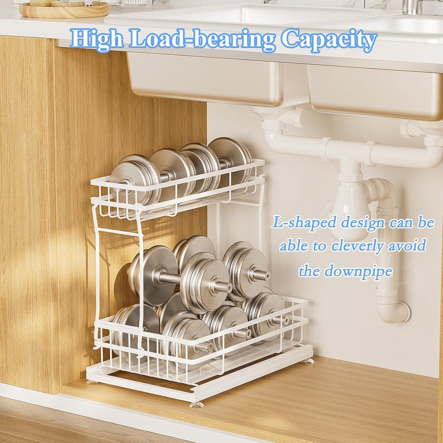 1 Pack Under Sink Organizers and Storage, 2 Tier Pull Out Cabinet Organizer, Metal Sliding Drawer Storage for Kitchen Bathroom，White