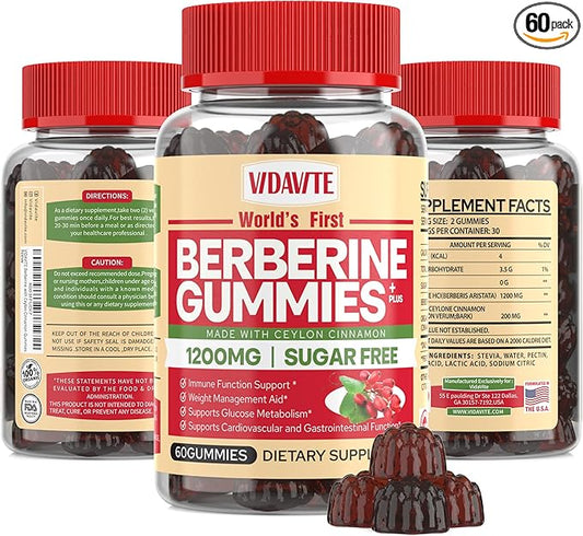 Berberine with Ceylon Cinnamon Gummies — Sugar-free, 98% Pure & 10x Absorption — 1200mg HCL Organic Berberine Supplement for Weight Management, Immunity, Metabolic & Digestive Health(30 Days)