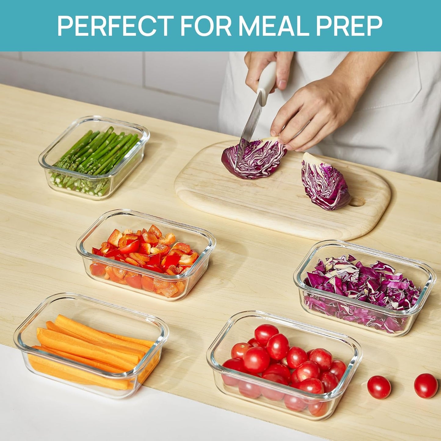 Vtopmart 5Pack 22oz Glass Storage Containers with Lids, Glass Meal Prep Food Container Sets with Snap Airtight Lids for Microwave, Oven, Freezer and Dishwasher