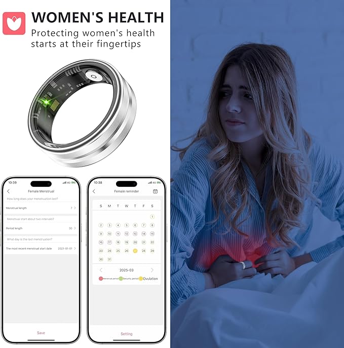 Thin Smart Ring for Fitness & Health Tracking -Pedometer,Sleep/Heart Rate/Blood Oxygen Monitor, Gesture Control / 5ATM Waterproof -No APP Subscription Compatible with Android& iOS (Silver, 11)