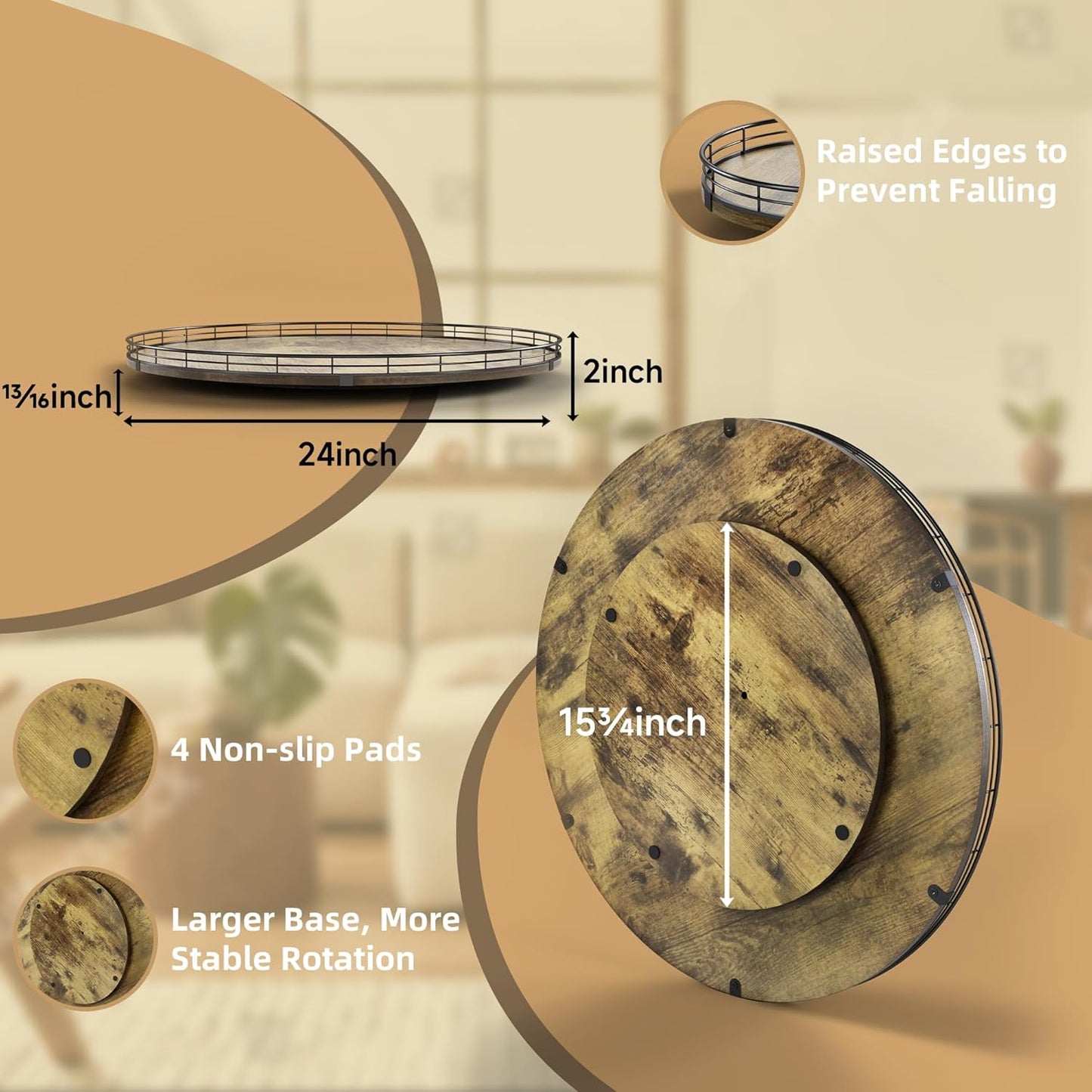 Lazy Susan Turntable Organizer for Table Top, 24’’ Round Wooden Lazy Susan for Cabinet Kitchen Countertop Pantry Dining Coffee Table for Condiments Spices, Rustic Bathroom Vanity Tray for Soap Candle