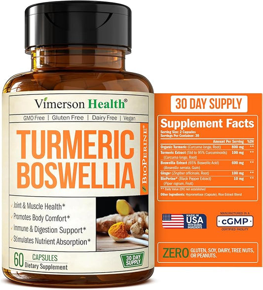 Turmeric Supplement with 65% Boswellia Extract Capsules - Turmeric Curcumin Supplement 95% Curcuminoids - Boswellia Serrata, Black Pepper, Organic Turmeric and Ginger Root Capsules - 60 Tumeric Caps