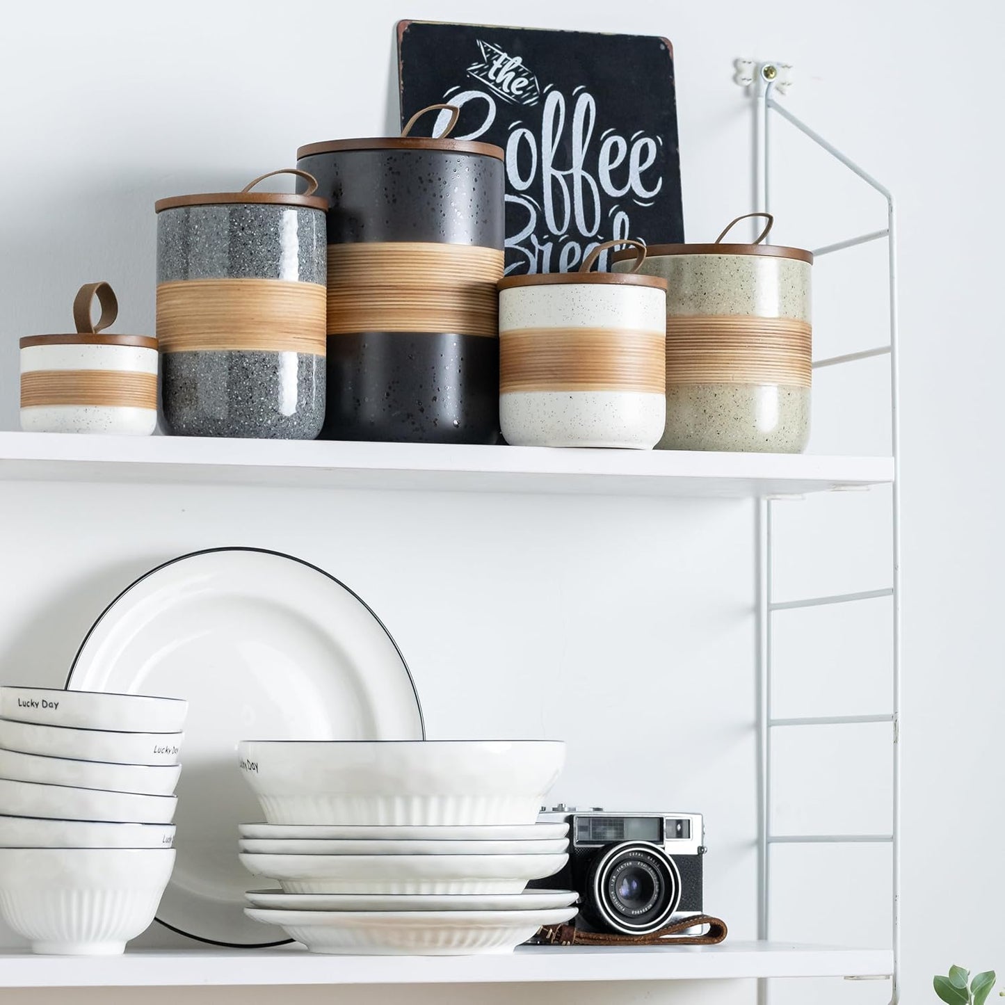 Spice Jars with Lid, Coffee Container Kitchen Food Storage Jars for Spice Sugar Tea Bag, Stackable Decorative Jars for Countertop, Black & 37 fl.oz