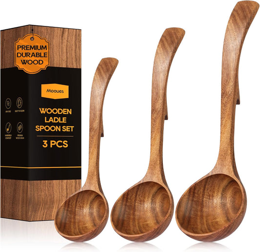 Wooden Ladle for Soup, 3 Size Teak Wood Ladle Spoon with Back Hooks, Heat Resistant Wooden Spoons for Cooking, Non-Stick, Comfortable Grip, Wood Kitchen Utensils Set for Serving, Stirring