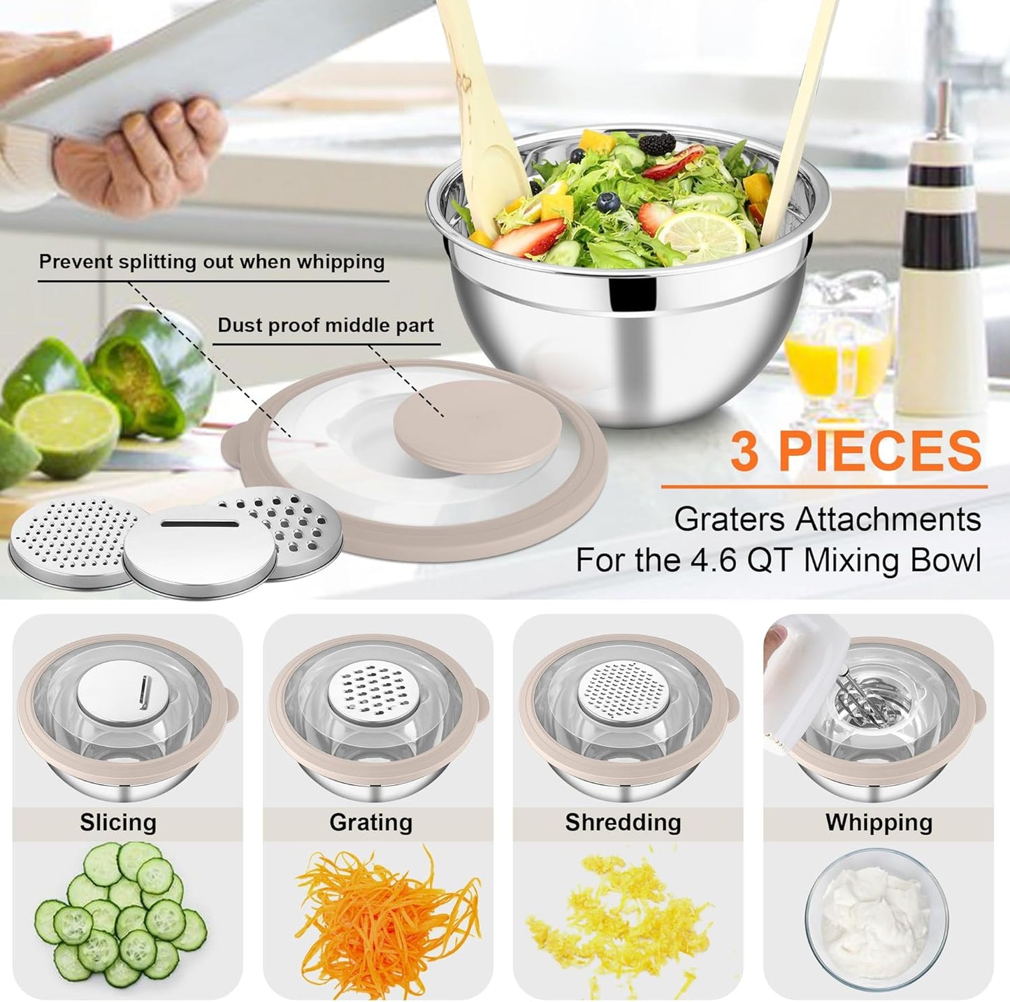 E-far Mixing Bowls Set of 5, Stainless Steel Salad Mixing Bowl with Transparent Lid, Metal Nesting Bowl Attach with 3 Graters for Kitchen Prepping/Serving/Baking/Storage, 4.6/2.6/1.5/1/0.7 QT - Khaki