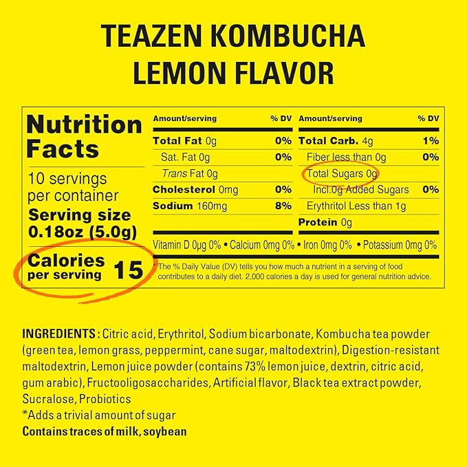 TEAZEN Lemon Kombucha Tea, Hydration Drink Mix, Sugar Free, Live Probiotics & Prebiotics, 10 Sticks, 1.76oz