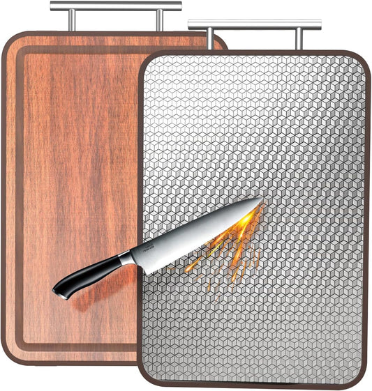 Stainless Steel Cutting Board Wood Double Sided Chopping Cutting Boards for Kitchen - 2 in 1 Ebony Metal with Handle Scratch Resistant Raw Meat Vegetable Fruit Cooking Gift 17.7''×11.6''×1''(Upgraded)