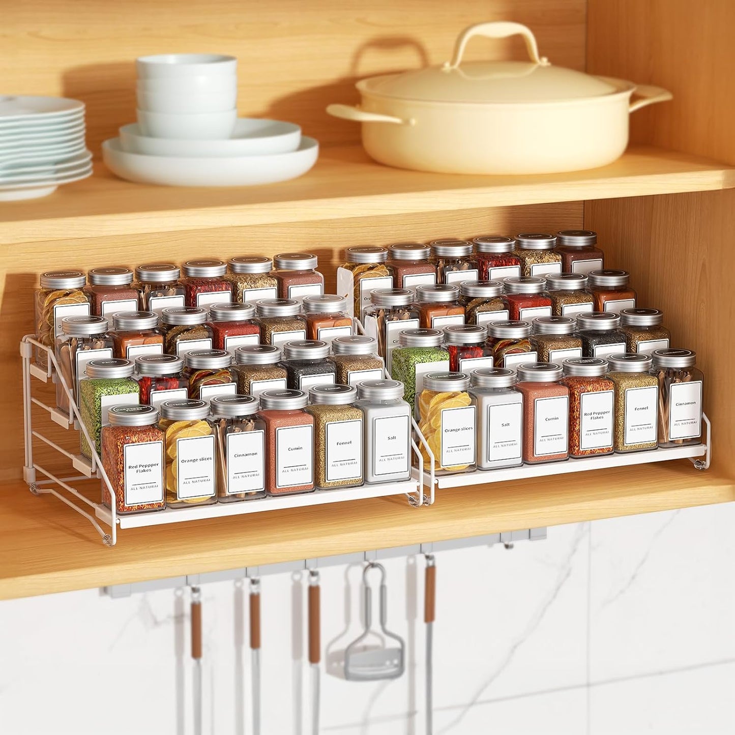 Spice Organization for Cabinet, Spice Rack Organizer, Spice Rack Organizer for Cabinet, Depth Adjustable Seasoning Organzier Organizer for Cabinet, Countertop, Pantry, Metal, White (2 Pack)