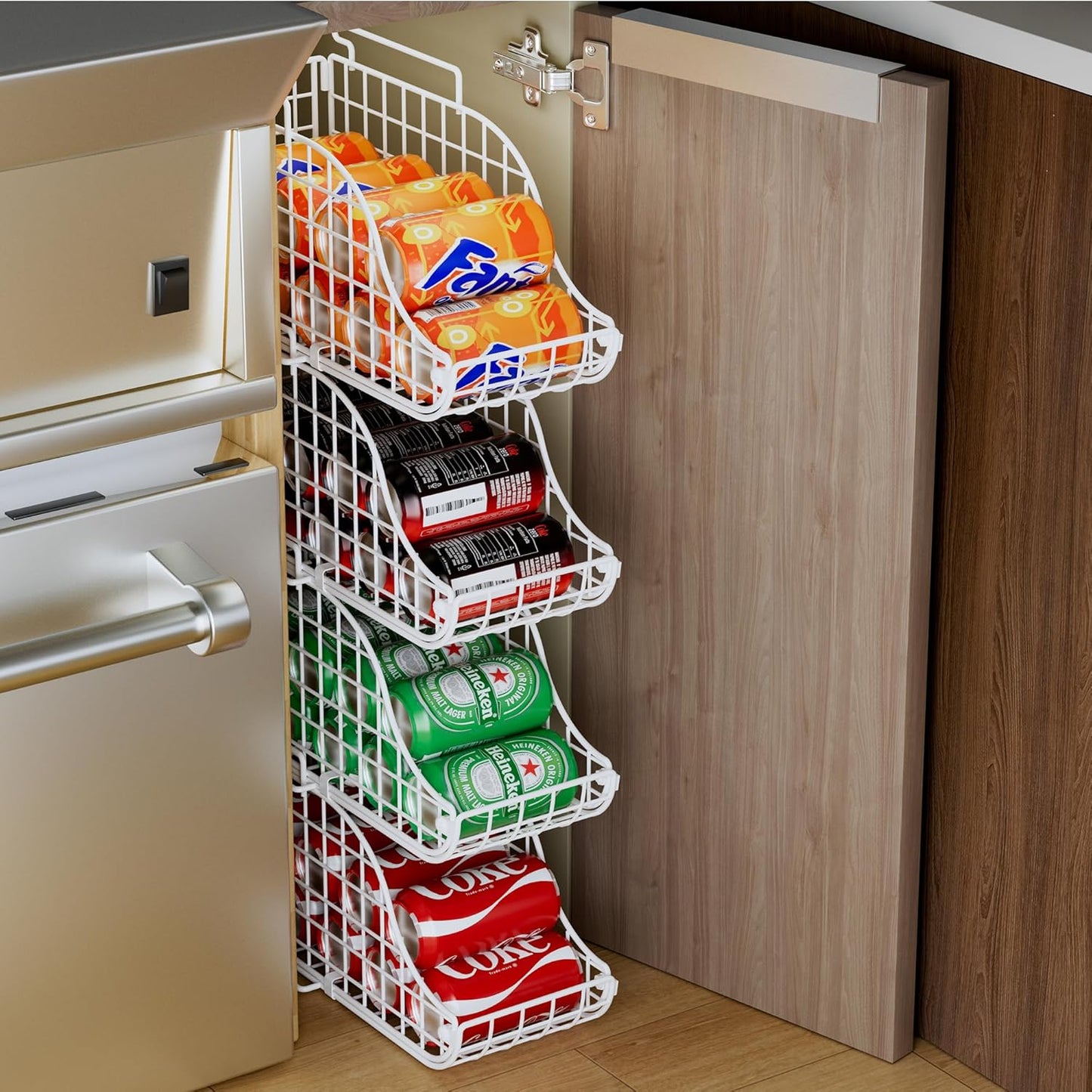 Can Storage Organizer Pantry, Stackable Kitchen Canned Food Holder With Handles, Can Organizer For Pantry Countertop Cabinet, Beverage Drink Pop Soda Can Dispenser Patent Pending (White, 4 Pack)