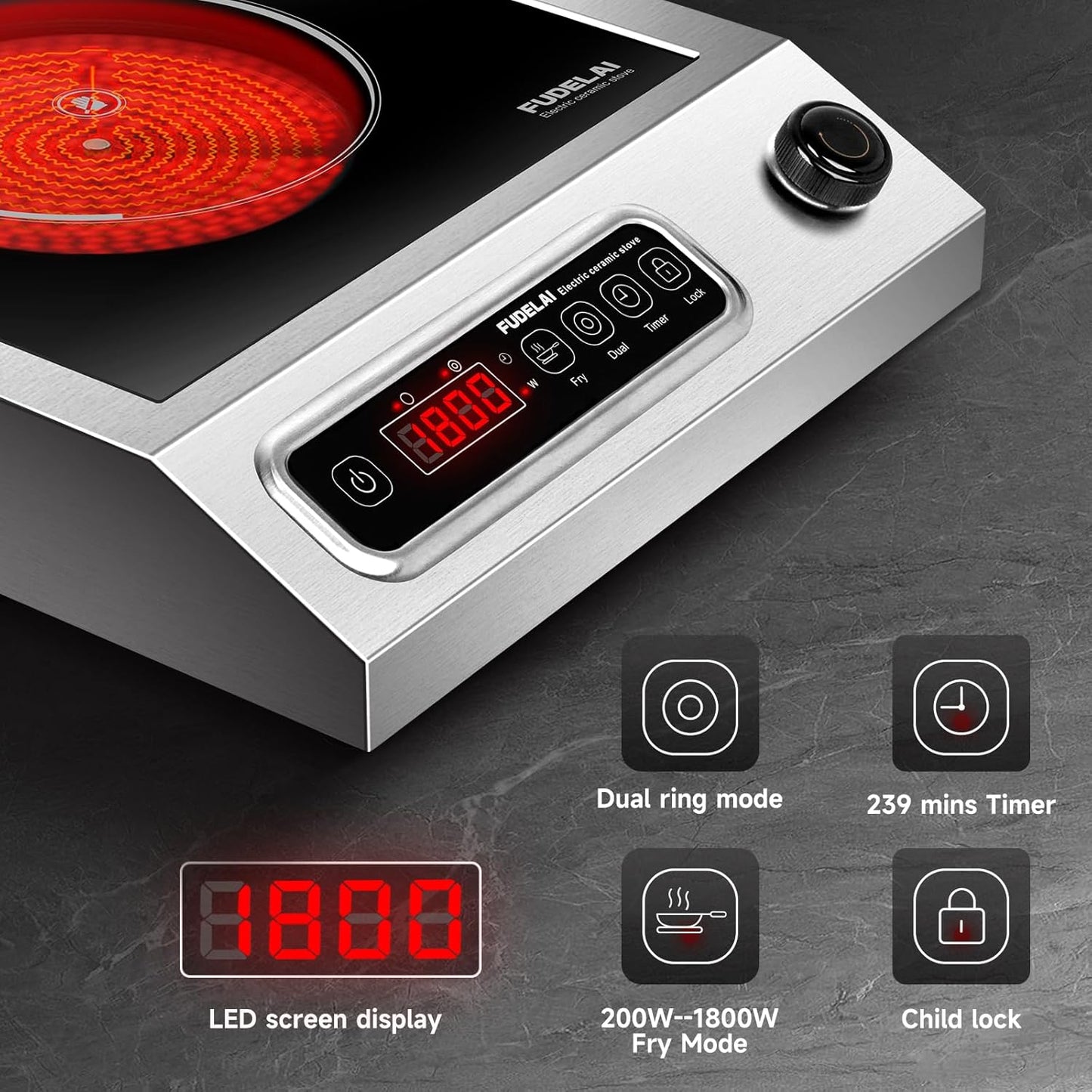 1800W Electric Hot Plate with Infrared Heating & 9 Power Levels - Commercial-Grade Countertop Burner, Ceramic Cooktop with Timer, Child Safety Lock for Home Kitchen, Restaurants