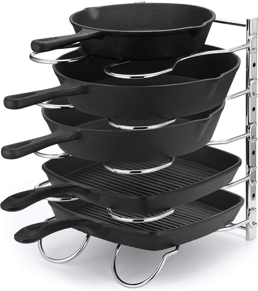 CAXXA Heavy Duty Pan Rack, Pot Lid Rack, Kitchen Cabinet Pantry Cookware Organizer Rack Holder with 5 Adjustable Dividers, Chrome