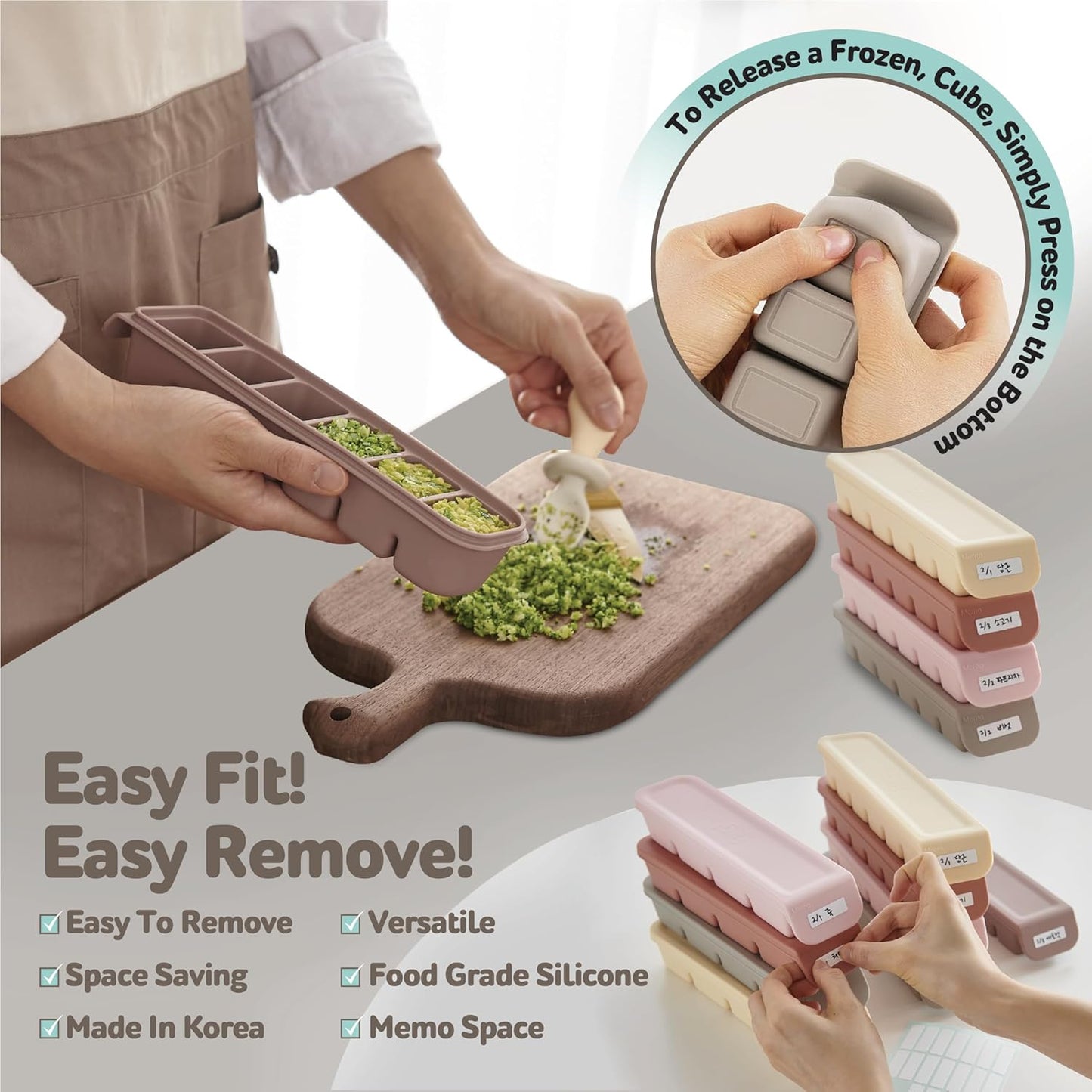 Silicone Freezer Trays with Lid,2ea 0.7oz 12 Cube-Leak Proof Silicone Freezer molds for Homemade Baby Food Breastmilk, Purees, Vegetables, Fruit, Baby Food Jars Ice Tray with Lid BPA Free Beige