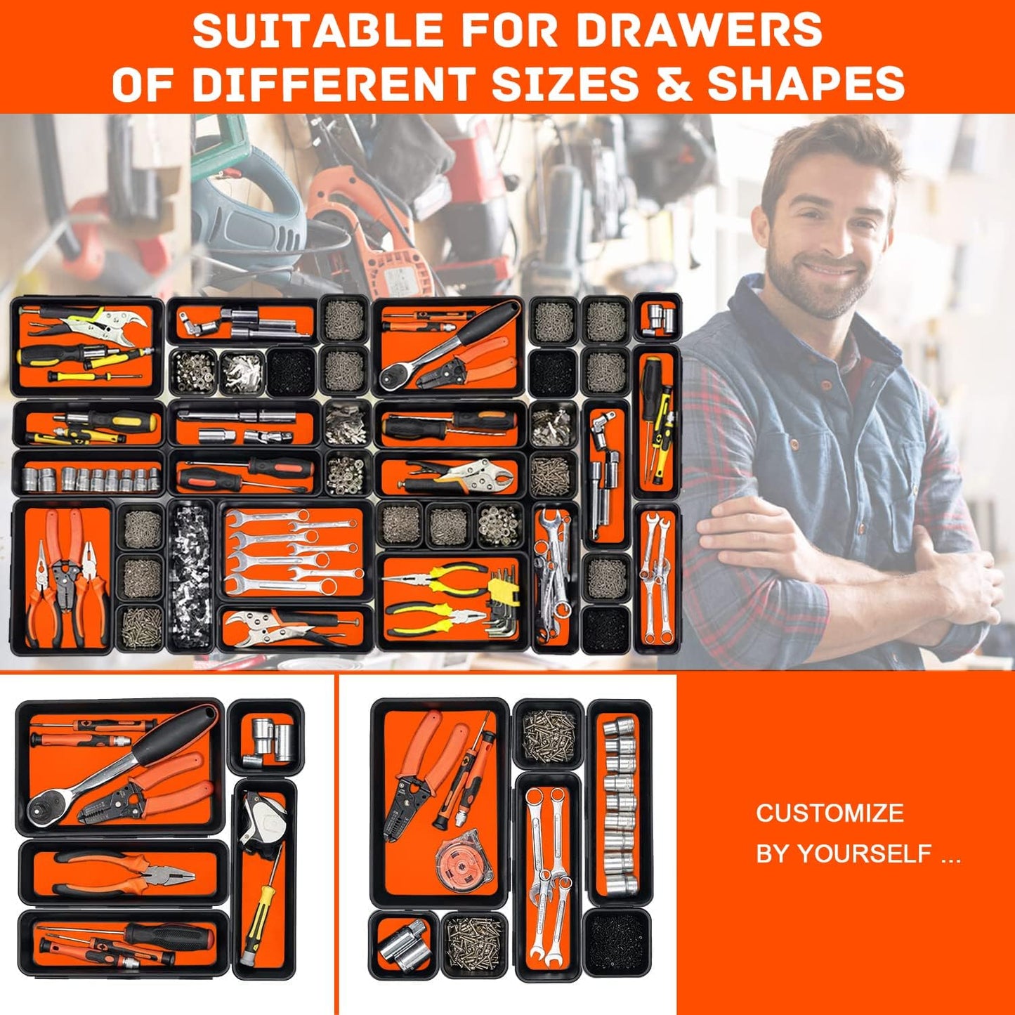 Tool Box Organizer, Tool Drawer Organizer Tray Divider, Toolbox Organization, Garage Tool Organizers and Storage, Tool Box Accessories for Rolling Tool Chest Cabinet (Orange (47PCS))