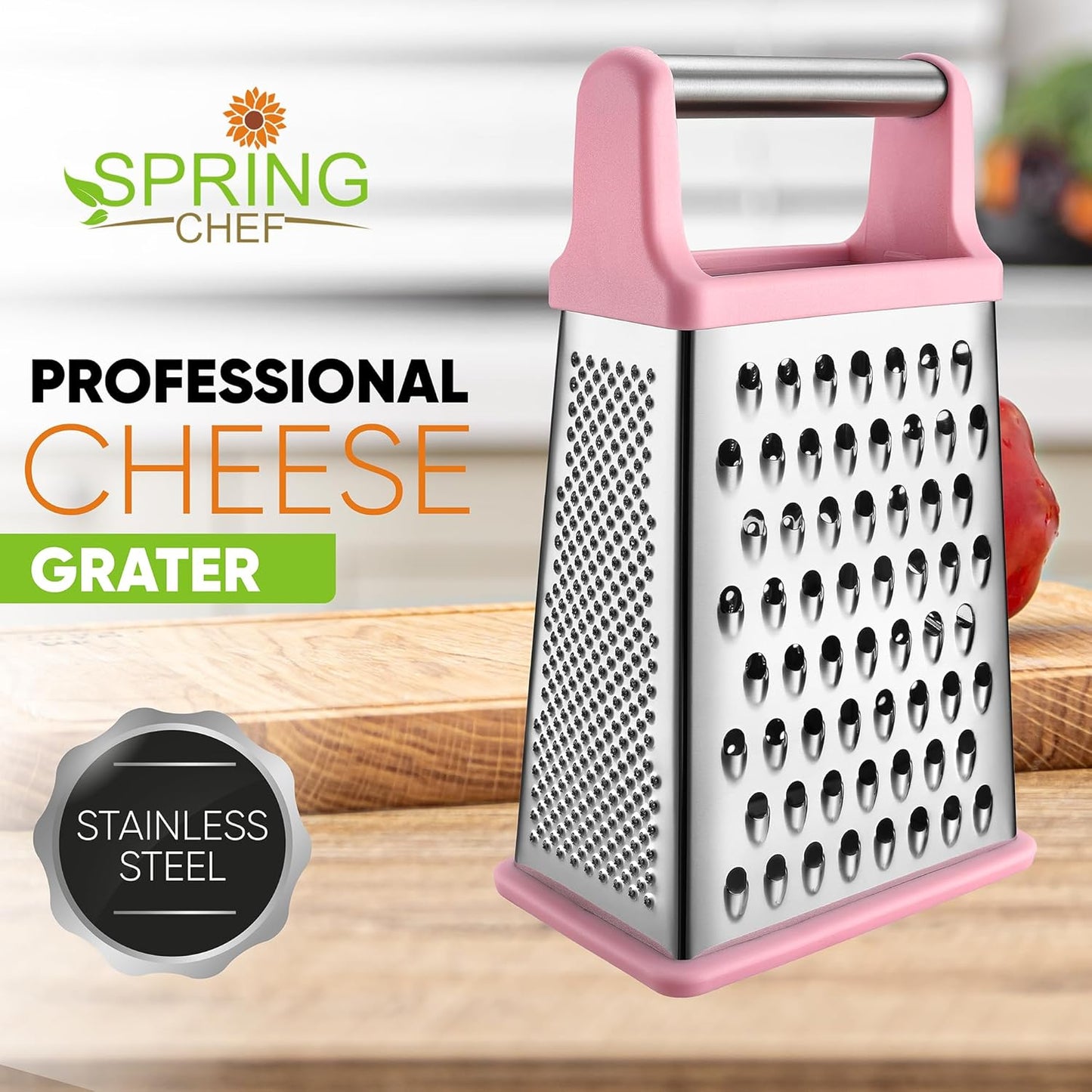 Spring Chef Professional Stainless Steel XL Parmesan Cheese Grater with Handle - 4 Sided Box Grater for Kitchen - Dishwasher Safe Carrot Shredder for Potato, Vegetables, Ginger - Pink Lemonade