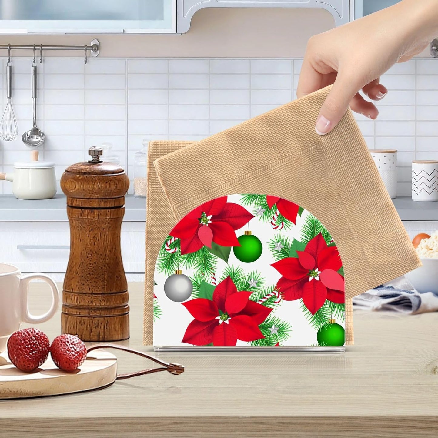 Christmas Poinsettia Flowers Balls Napkin Holder for Table Paper Napkins Holder Acrylic Tissue Dispenser Kitchen Dining Room Bathroom Party Car Decor