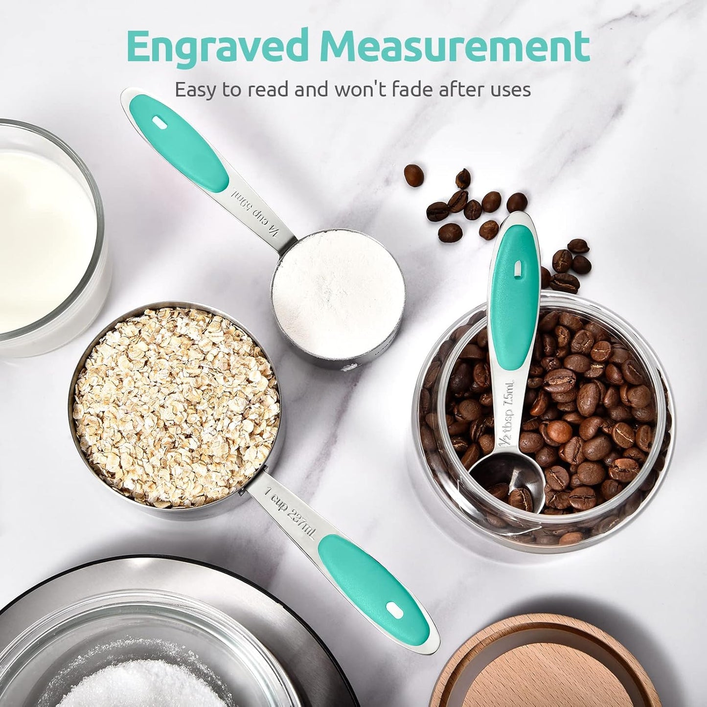 Measuring Cups and Spoons Set: U-Taste 18/8 Stainless Steel 12 Pieces Metal Stacking Kitchen Baking Cooking Food Measure Set 7 Cups 5 Spoons with Strengthened Weld Joints (Aqua Sky)