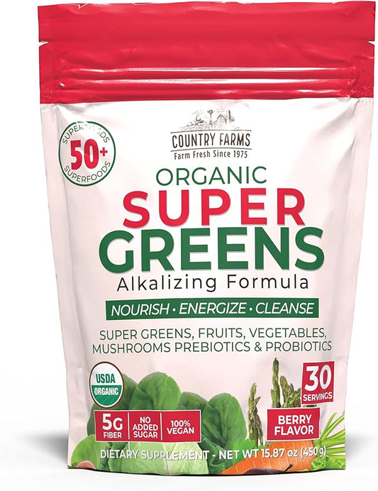 Country Farms Super Greens Berry Flavor, 50 Organic Super Foods, USDA Organic Drink Mix (Wheat Grass, Spirulina, Chlorella) Mushrooms & Probiotics, with Fiber, Gut Health, Natural Energy, 30 Servings
