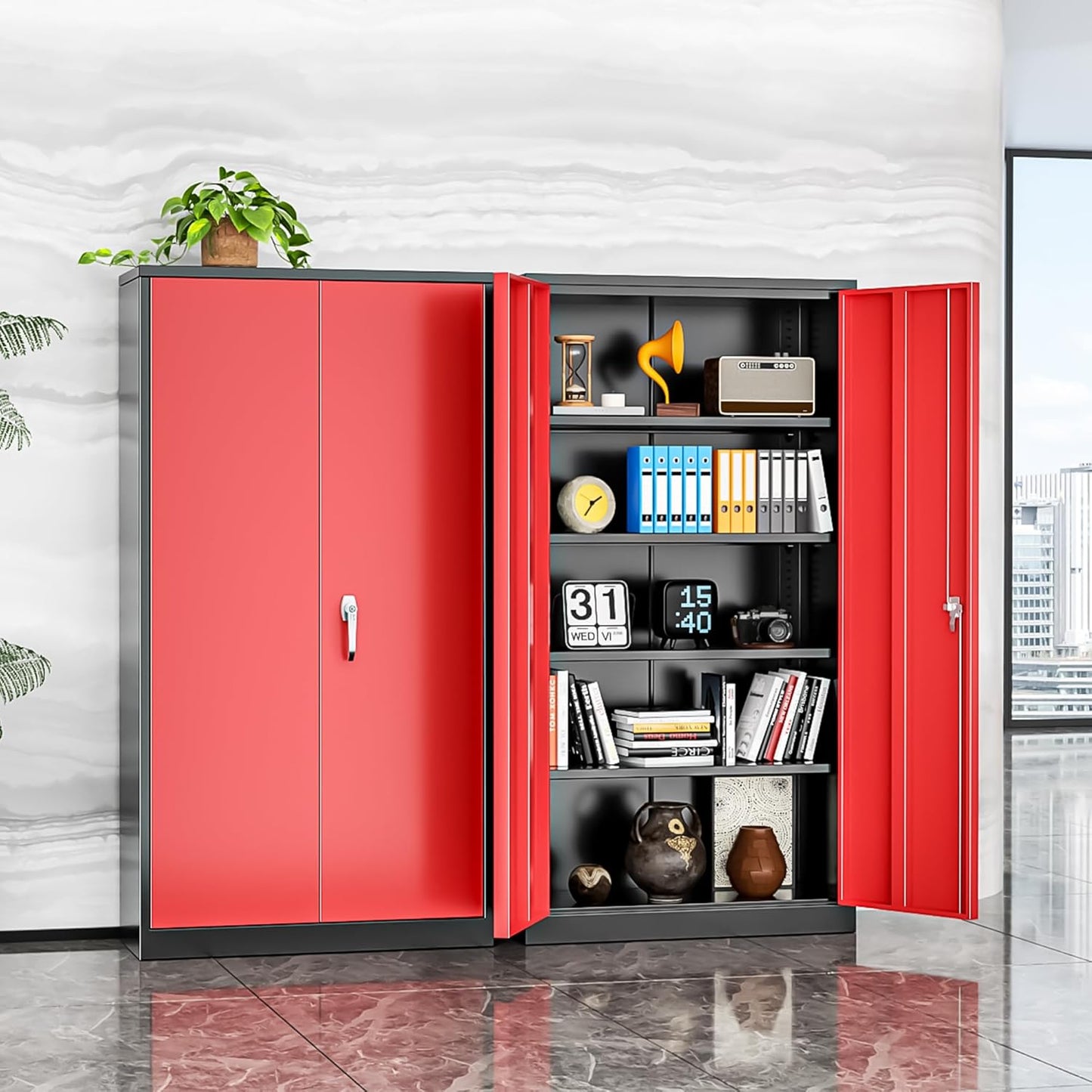 INTERGREAT Metal Storage Cabinets 72” Black Red Garage Steel Storage Cabinet with Doors and Shelves, Steel File Cabinet for Home Office, Basement, Warehouse, Classroom（Anti Tipping）