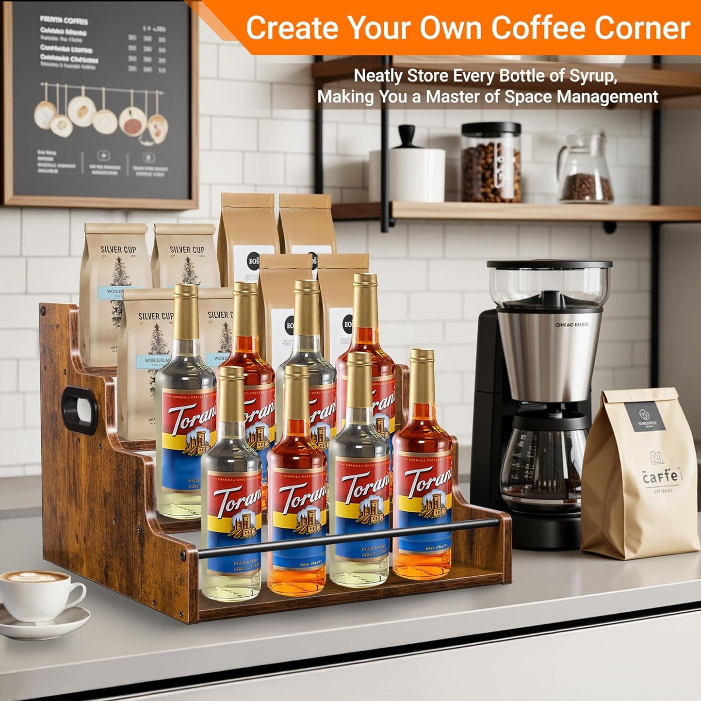 4-Tier Liquor Bottle Display Shelf, Coffee Syrup Rack Organizer, Water Bottle Organizer, Mini Bar Cabinet, Rustic Bar Shelves for Liquor Whiskey, Spirits