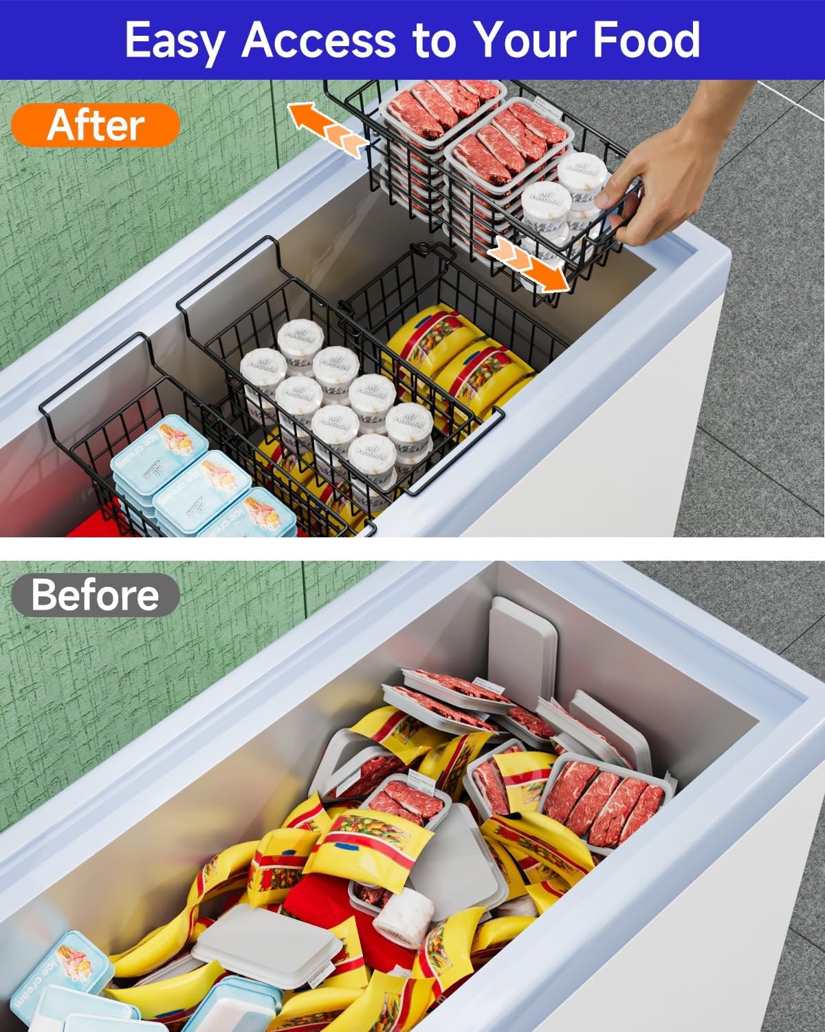 Stackable Freezer Organizer - Expandable Bin*1 + Stackable Bins*3 for Chest & Upright Freezers