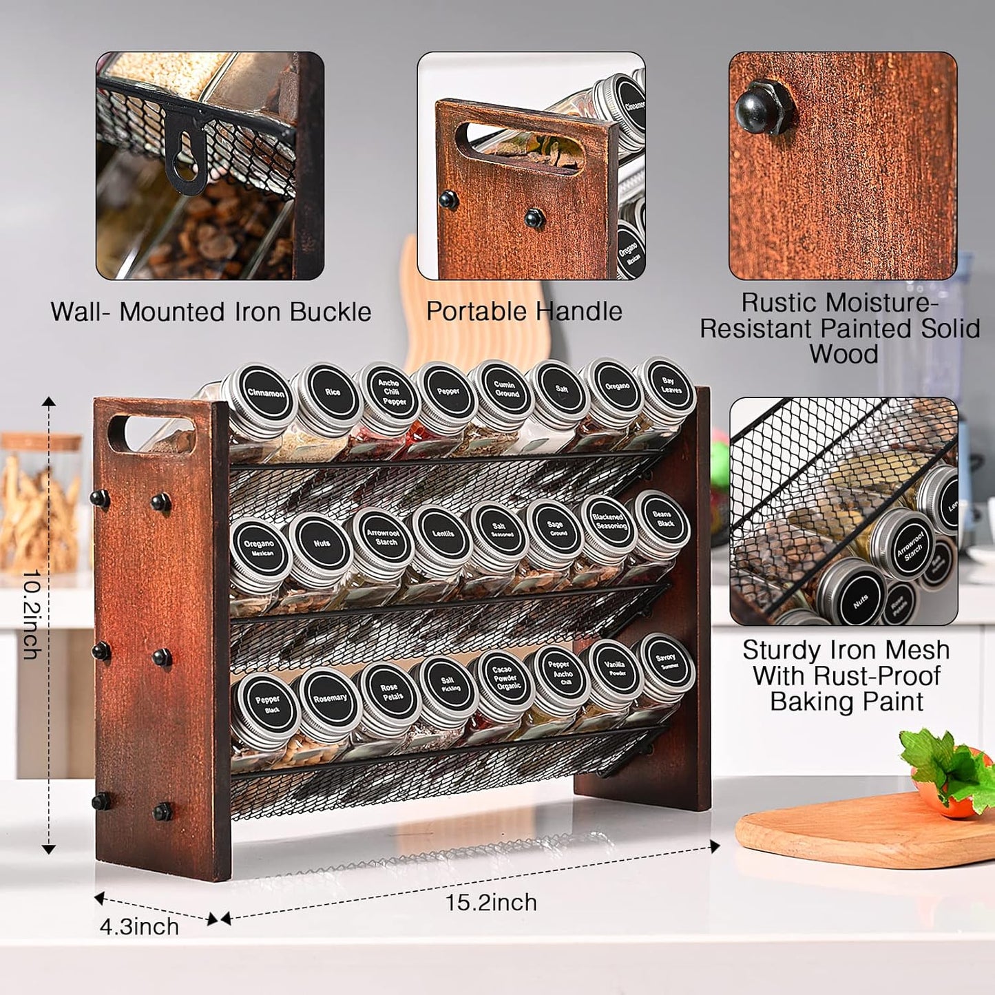 Spice Rack, Spice Rack Organizer without Seasoning Jars, Wooden Rustic 3 Tier Kitchen Spice Organizer Shelf for Cabinet, Countertop or Wall Mount