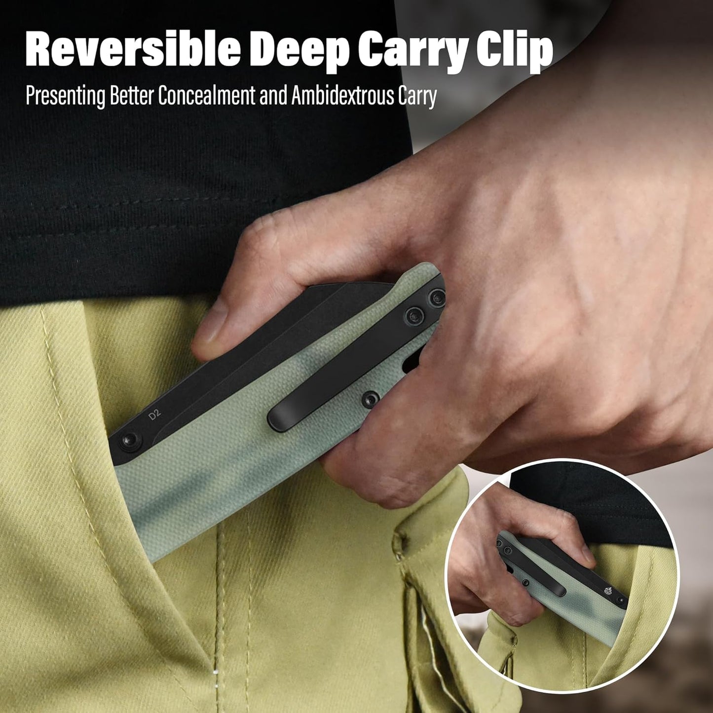 QSP Penguin V2 Folding Pocket Knife, 3.06" D2 Black Stonewash Blade EDC Knife, Jade G10 Handle, Liner Lock, Ceramic Ball Bearings, Reversible SS Deep Carry Clip