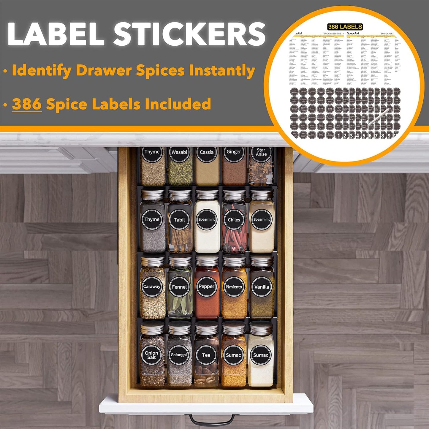 SpaceAid Spice Drawer Organizer with 20 Spice Jars, 386 Spice Labels, 4 Tier Seasoning Rack Tray Insert for Kitchen Drawers, 9-1/2" Wide x 17-1/2" Deep