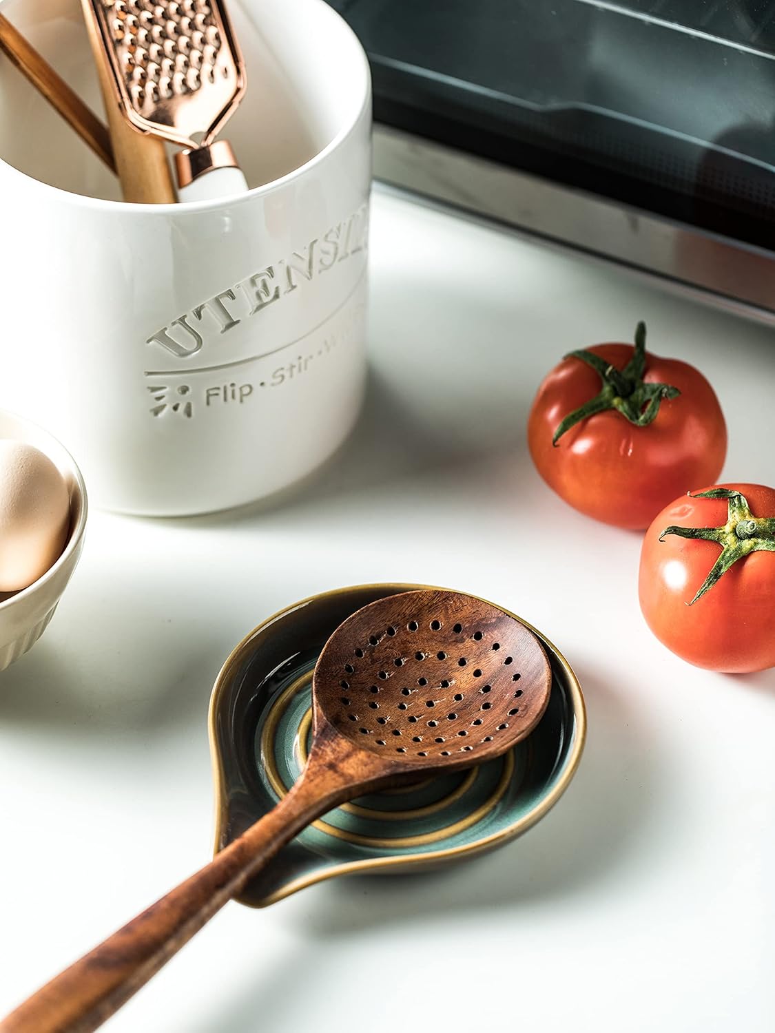 Spoon Rest for Stove Top, Countertop Spoon Holder with Handle for Easy Hold, Farmhouse Decor, Utensil Rest for Spoons, Ladles, Tongs, Spatula, Blue and Green