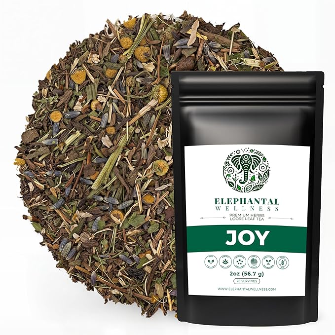 Elephantal Wellness Premium Joy Herbal Tea | Mood & Emotional Balance Support with St. John’s Wort, Kava, Ginkgo & Lavender | Handmade, Non-GMO, Caffeine-Free Loose Leaf Blend, 2oz, 20 Servings