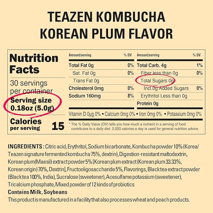 TEAZEN Japanese Apricot Kombucha Tea, Electrolyte & Hydration Drink Mix, Sugar Free, Live Probiotics & Prebiotics, 30 Sticks, 5.29oz