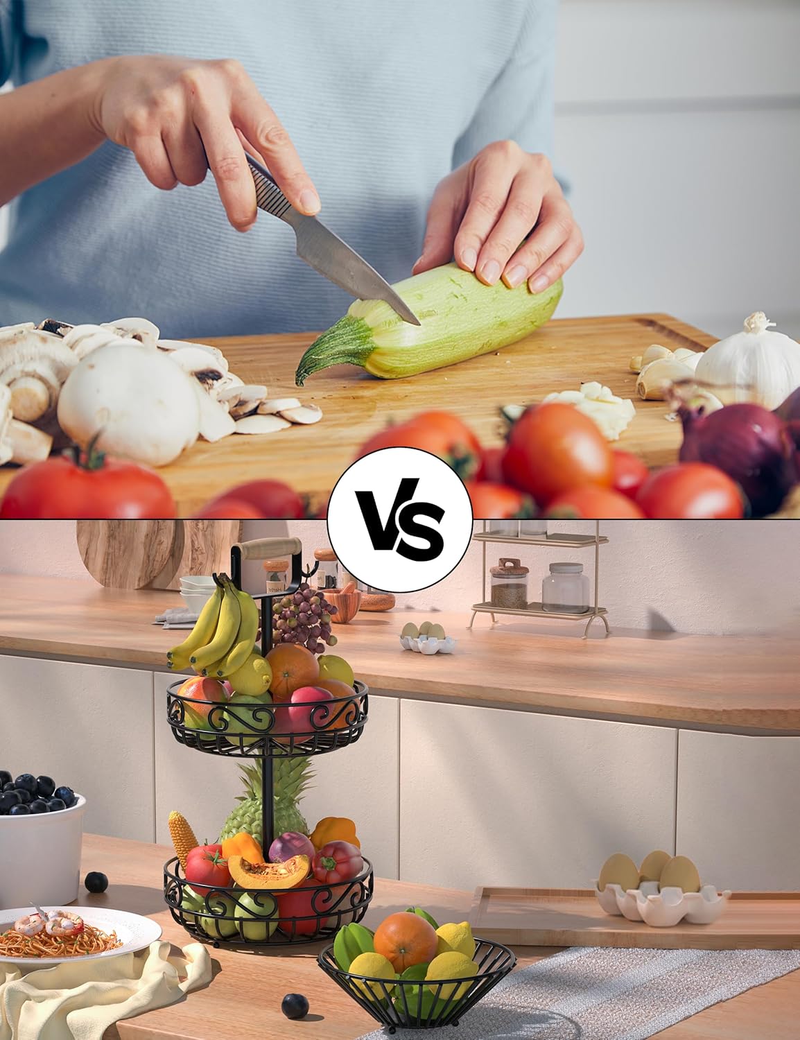 2-Tier 𝐅𝐫𝐮𝐢𝐭 𝐁𝐚𝐬𝐤𝐞𝐭 and Fruit Bowl - Fruit and Vegetable Storage with Banana Tree Hanger and Wood Handle, Fruit Basket for Kitchen Counter, for Bread Onions Potatoes Veggies Produce