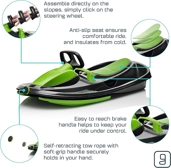 Snow Sled for Kids, Adults - Toboggan Sled, Easy Turning Steering Wheel, Anti-Slip Seat, Pull Up Brake, Durable Plastic Sled, Lightweight, Snow Sleds, Age 3+ 260 lbs