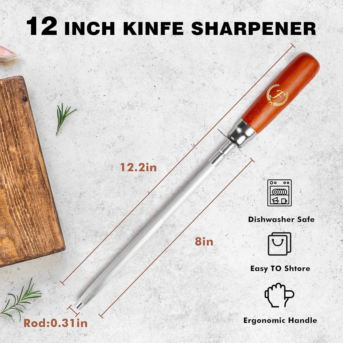 Knife Sharpener Rod, Kitchen Knives Sharpener Carbon Steel Professional Knife Sharpening Steel, Honing Rod with Hanging Holes (13 inches), F