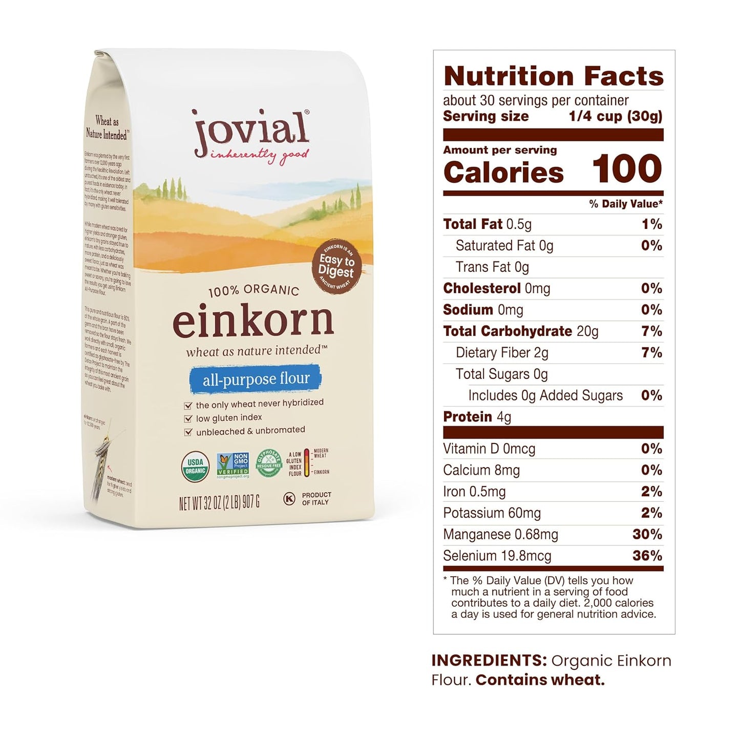 Jovial Organic Einkorn Unbleached All Purpose Flour - Bread Baking Flour for Sourdough, High Protein, Non-GMO, Organic Pizza & Pasta, European Italian, Glyphosate Free - 32 Oz