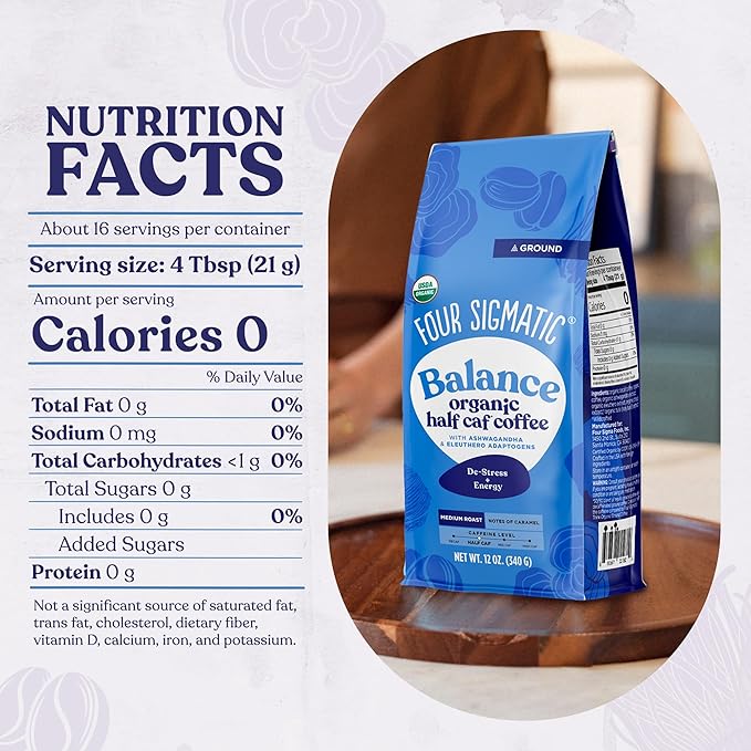 Four Sigmatic Organic Balance Adaptogen Ground Coffee | Medium Roast USDA Organic Coffee with Ashwagandha, Chaga Mushroom, Eleuthero and Tulsi for Focus and Energy Boosting | 12oz Bag