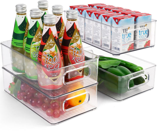LotFancy Refrigerator Organizer Bins, 4 Pack,10x6x3 in, BPA Free Clear Plastic Storage Bins for Pantry Organization, Stackable Containers with Handles for Fridge, Kitchen Drawer, Freezer, Cabinet