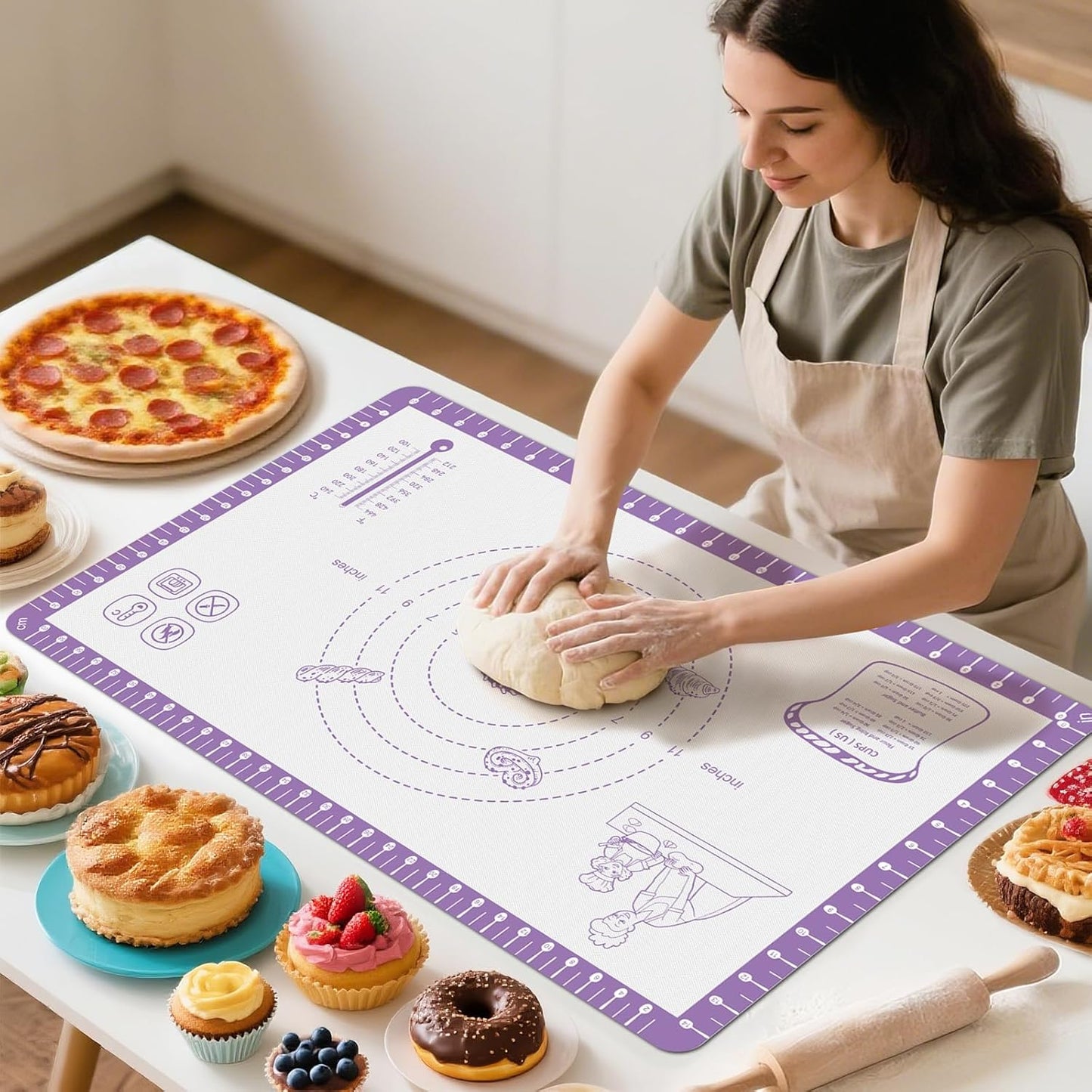 Silicone Pastry Mat with 10 Useful Recipes, Silicone Mat for Baking, Dough Rolling,Bread, Cookie, Macaron, Pizza, Surdough, Non Slip Silcone Mat for Counter, Baking Suppliers Essential