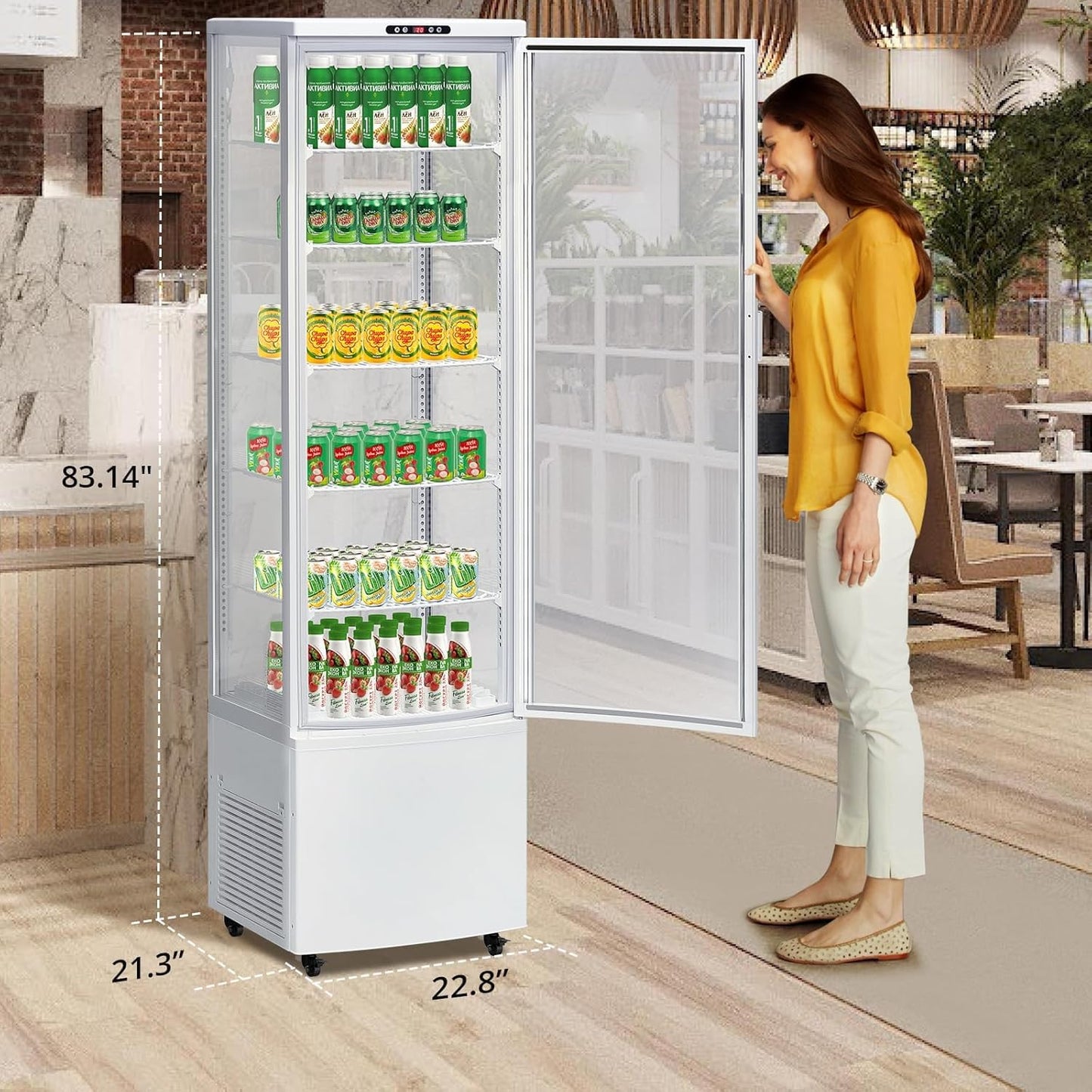 10.5 Cu.Ft Refrigerated Display Case, Floor-Standing Display Refrigerator with LED Light and Adjustable Shelves, Commercial Display Fridge with Casters for Cakes, Coffee, Bakery, Supermarkets, Store