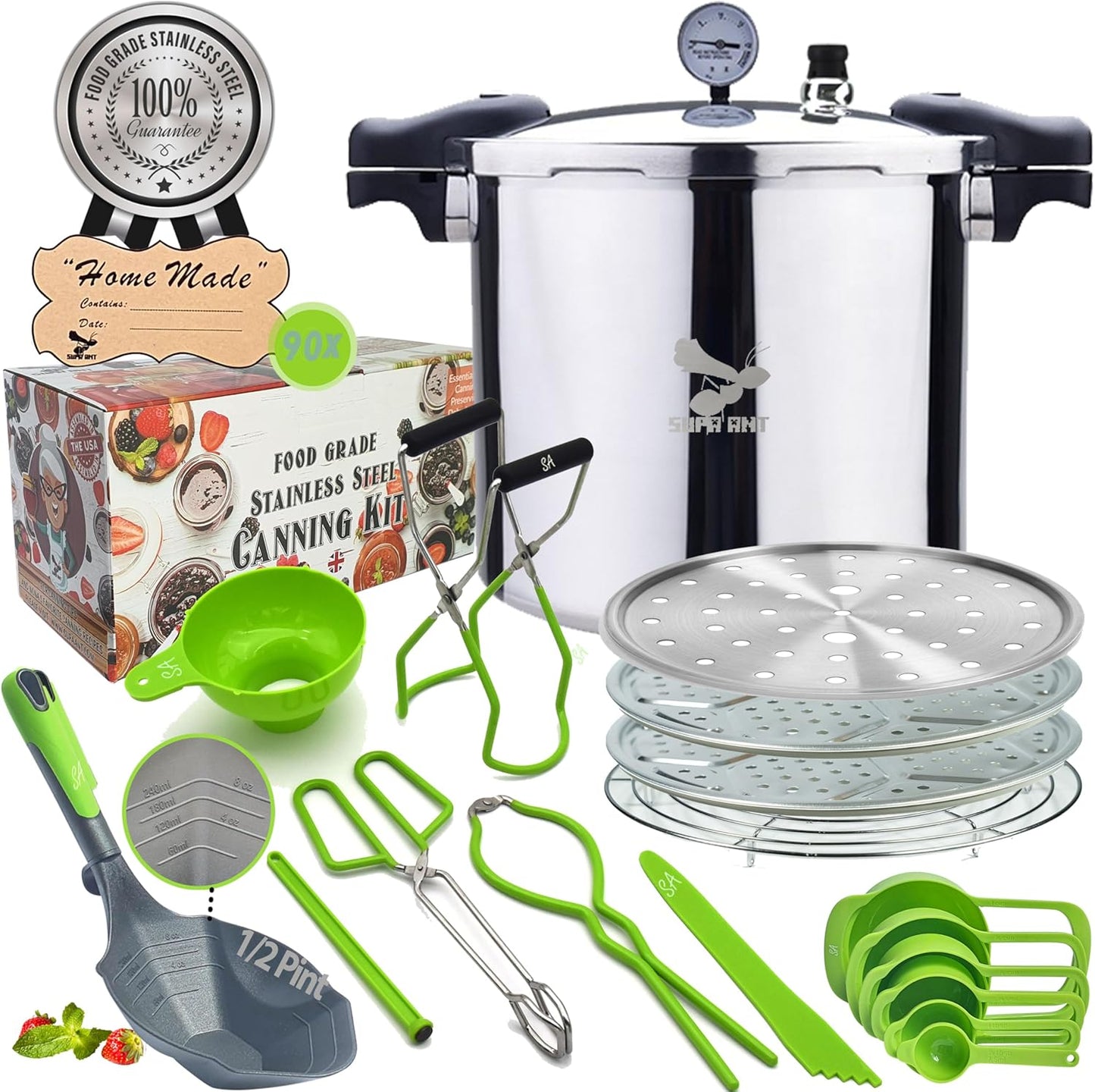 Supa Ant Pressure Canner 23 Qt with Canning Supplies Starter Kit - Canning Pressure Cooker with Gauge - Water Bath Canner Pot with Rack and Lid - Jar Lifter, XL Ladle, Jar Tongs, and Bubble Popper