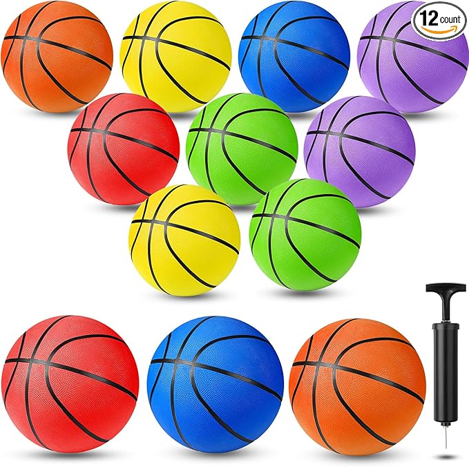 Jerify 12 Pack Official Size Rubber Basketballs for Kids Child Junior Youth Indoor Outdoor Sports Basket Balls with Pump Back to School Student Gifts Operation Christmas Bulk Items