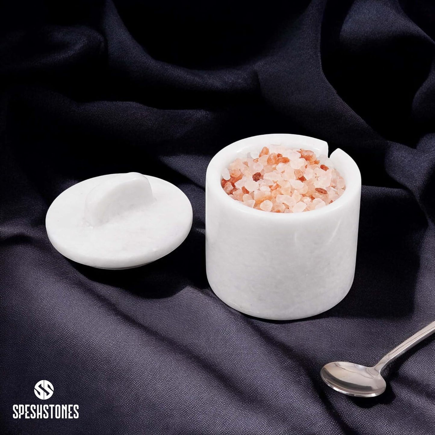 Marble Salt Cellar with Lid and Spoon 4 Inch White Handmade Small Seasoning Containers - Decorative Spice Jars, Sugar Bowl with Spoon & Flaky Salt Dish for Kitchen Countertop Storage