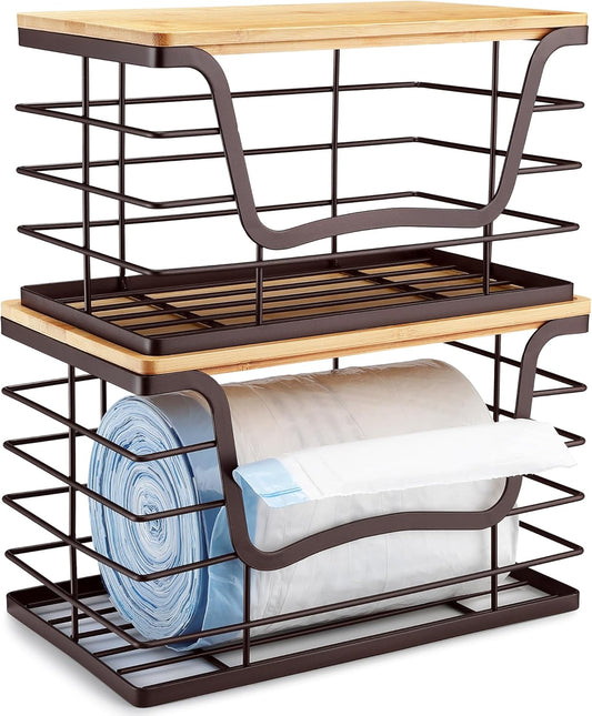 Trash Bag Dispenser Holder for Kitchen 2 Pack Brown Finish Garbage Bag Organizer Wall Mount Stackable Bin with Bamboo Lid for Countertop, Under Sink, Laundry Room