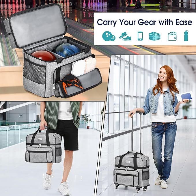 CAB55 2 Ball Bowling Bag with 4 Wheels, Double Bowling Ball Bag with Separate Shoe Compartment, (Up To US Men Size 16), and Multiple Multifunctional Accessory Pockets