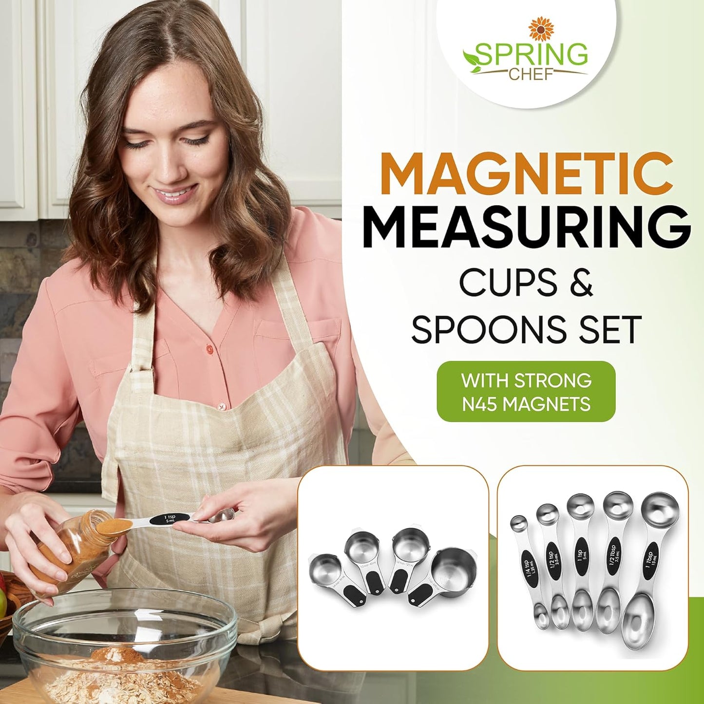 Spring Chef Magnetic Measuring Cups & Spoons Set (Patent Pending), Strong N45 Magnets, Heavy Duty Stainless Steel Fits in Spice Jars for Baking & Cooking, BPA Free, Round Set of 9, Black
