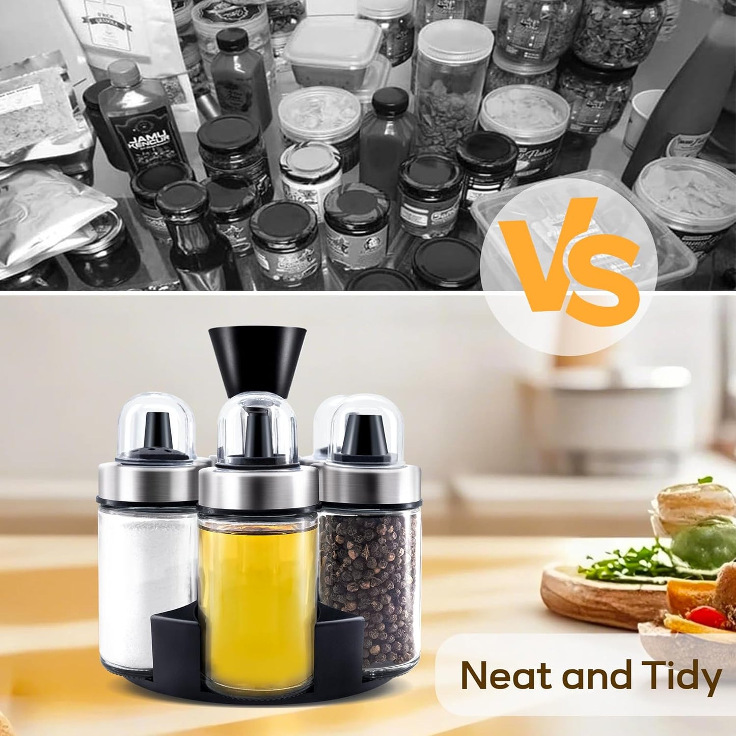 Mlici Oil and Vinegar Dispenser Set of 6 Bottles, Stainless Steel Salt Pepper Holder with 360° Rotating Holder, Cruet Soy Sauce - Premium Glass Condiment for Kitchen, Tabletop, Kitchen Containers