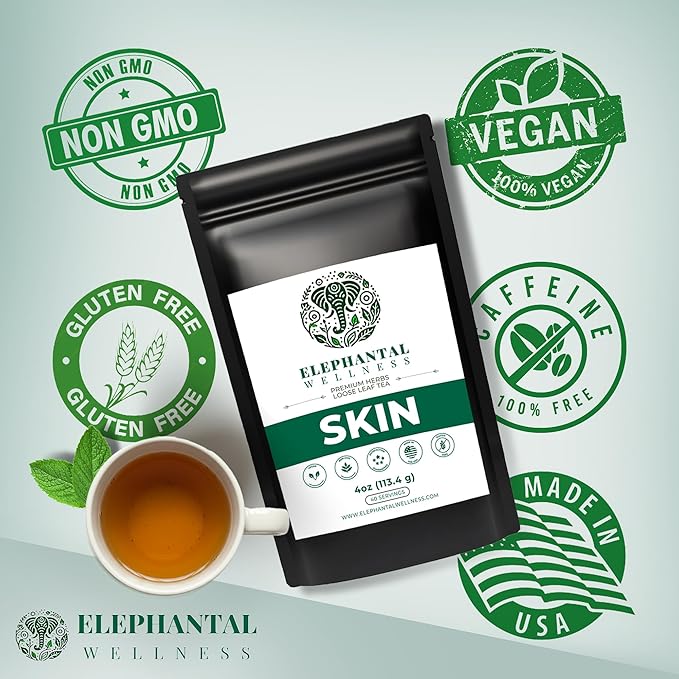 Elephantal Wellness Premium Skin Herbal Tea | Radiance & Clarity Support with Burdock, Dandelion Root Tea, Nettle, Calendula & Lavender | Non-GMO, Caffeine-Free, Handmade Loose Leaf Blend, 4oz Loose Leaf, 40 Servings