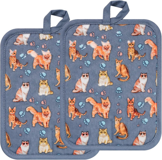 Pot Holders Set of 2 Heat Resistant 480 ℉Non Slip Clear Silicone Printed Comfortable Cotton Lining Kitchen Women Men Cooking Baking Microwave Machine Washable (Cat, Blue potholders)