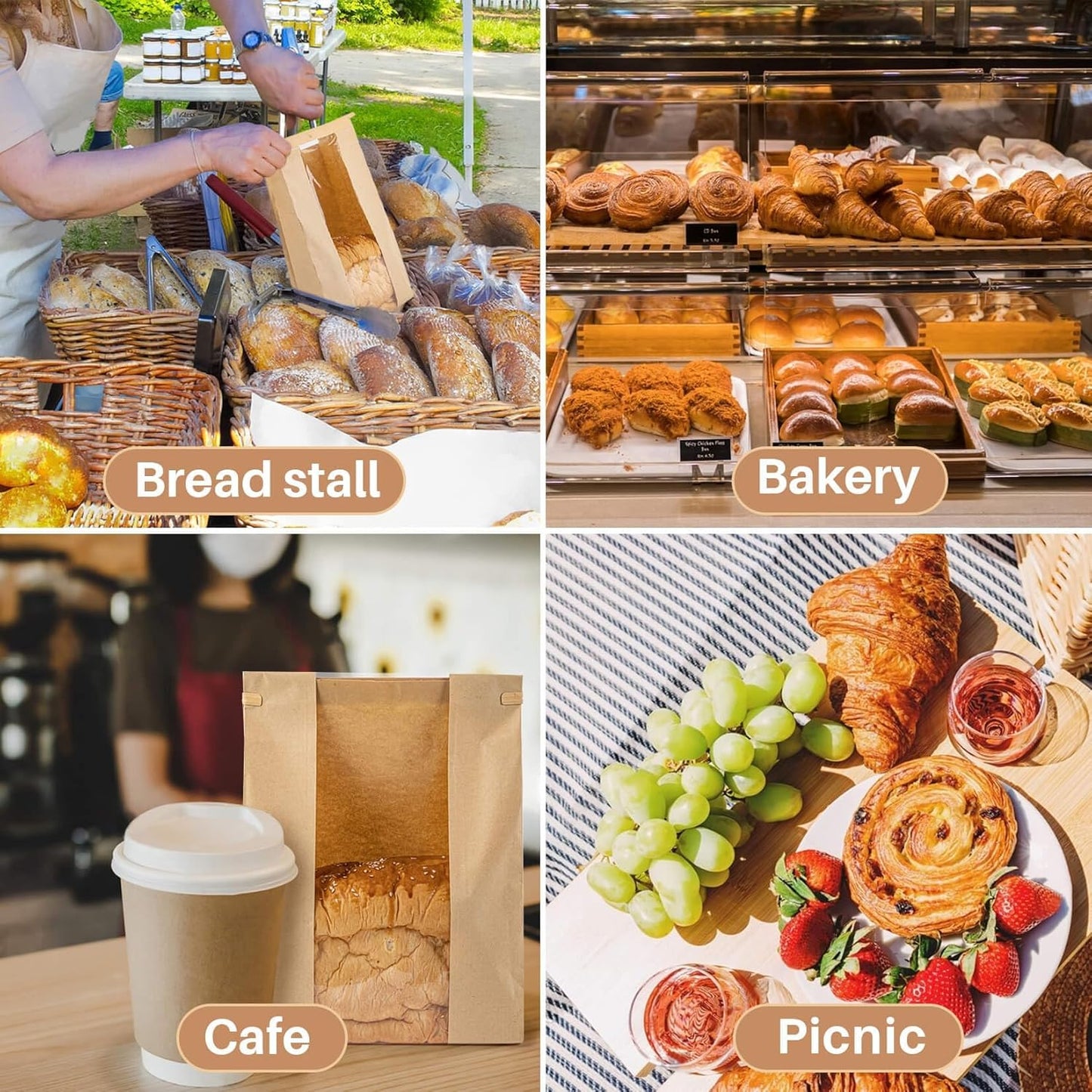 50 Bread Bags with Reusable Ties - Homemade Sourdough Bread Storage Bags Brown Paper Bagel Loaf Bakery Bags with Window Toast Bags with Resealable Ties Disposable Baked Goods Sale Packaging