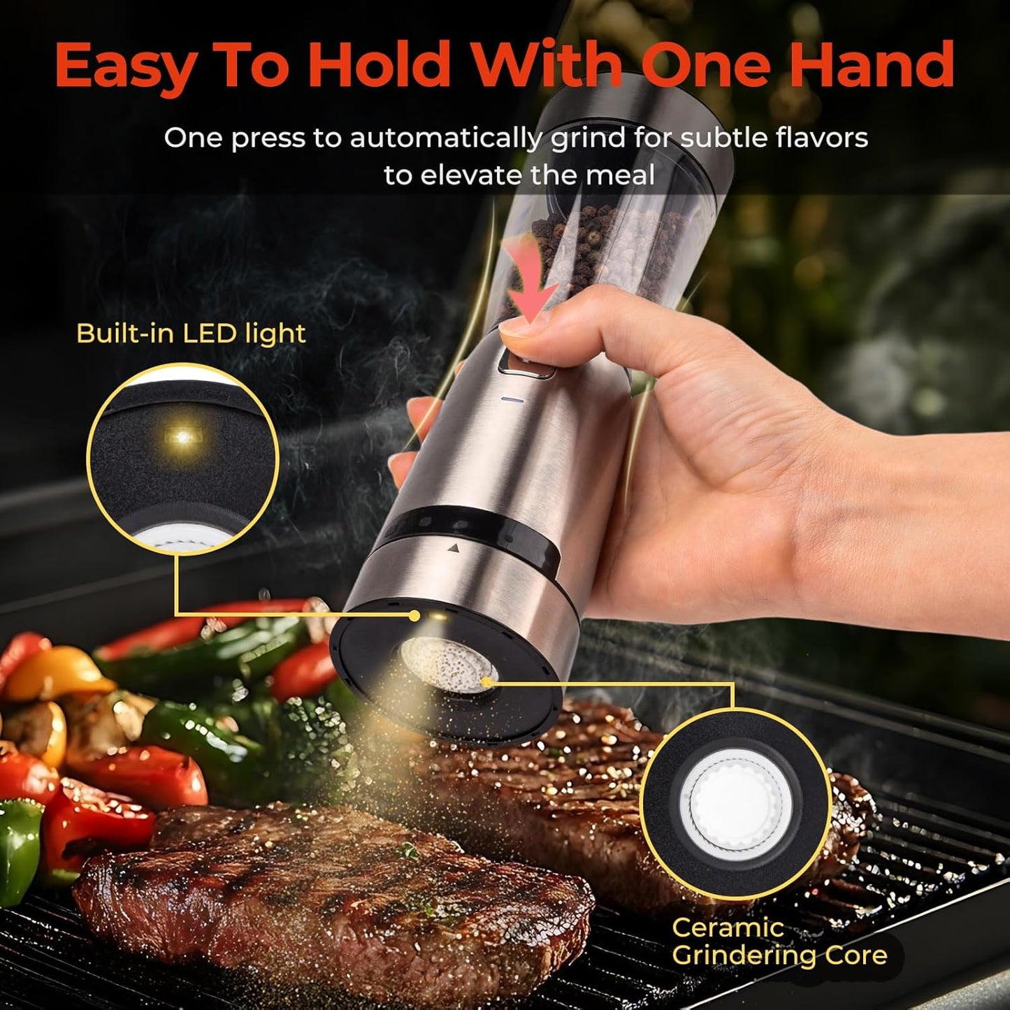 Electric Salt and Pepper Grinder Set, Rechargeable with LED Lights, Stainless Steel Automatic Pepper & Salt Mill with 5 Adjustable Coarseness (Upgraded Larger Capacity 150 ML)